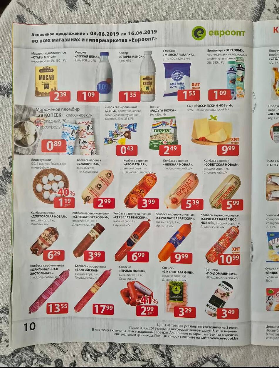 Цены на продукты в "Евроопте" в июне 2019 года.